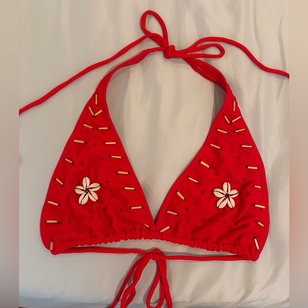 Women’s Red Halter Bikini Top with Shell Flower Accents